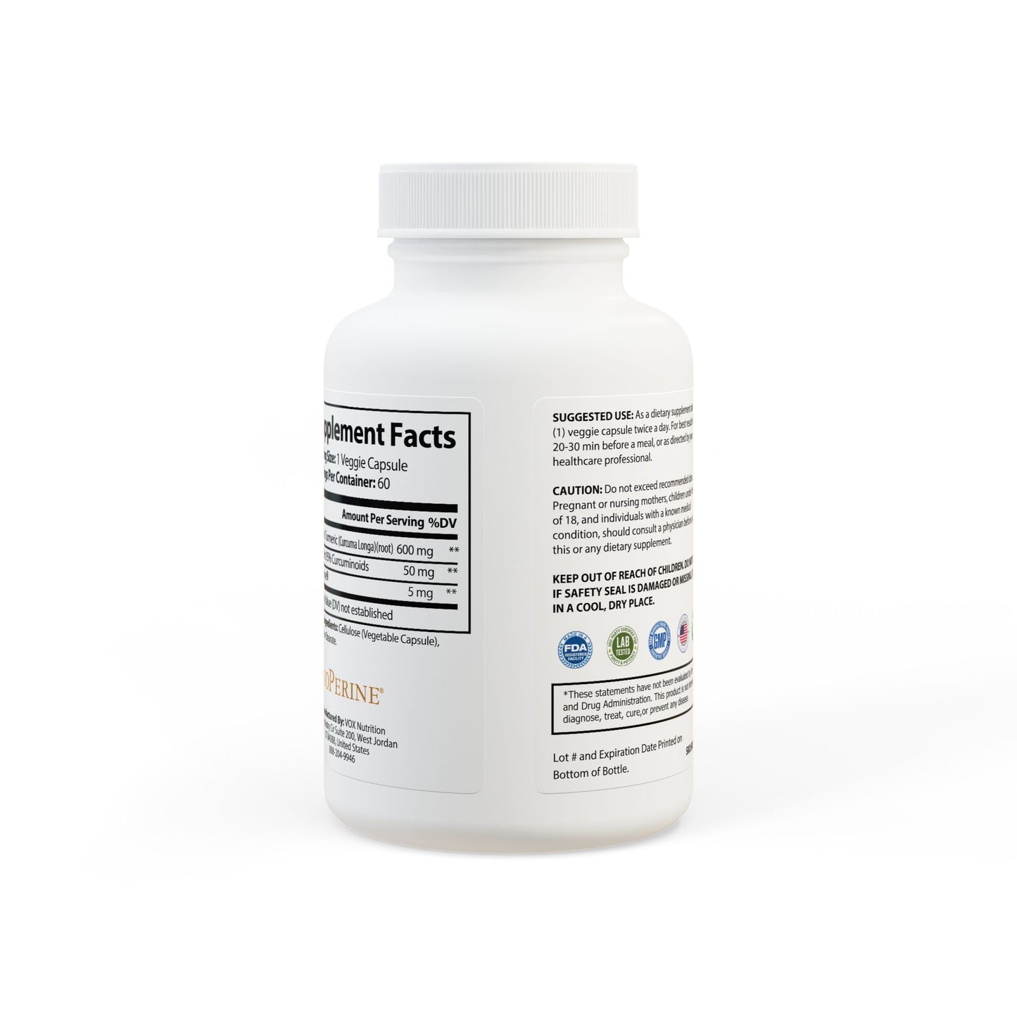 HBS, Turmeric with BioPerine® Supplement (60 Vegetable Capsules)