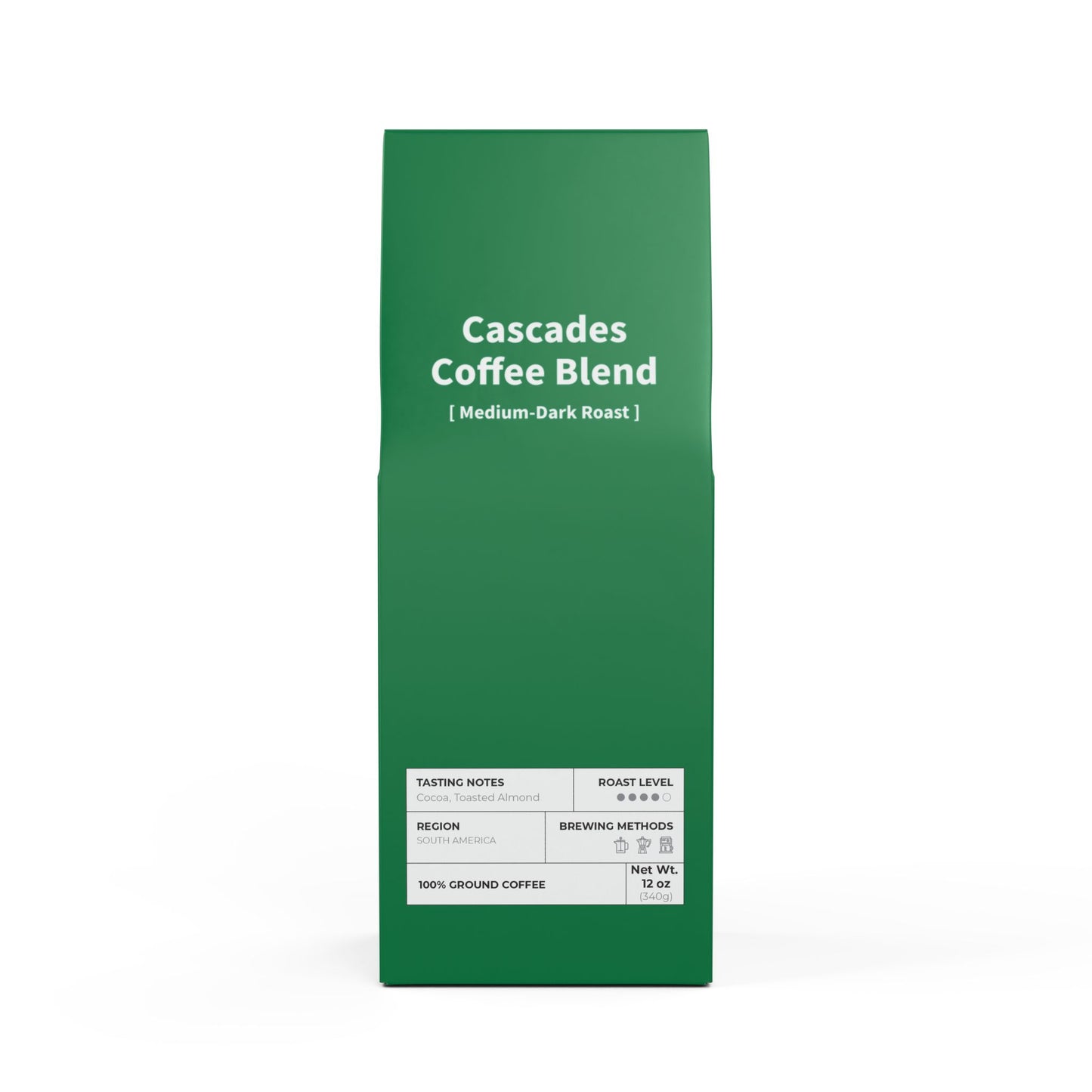 HBS, Cascades Coffee Blend (Medium-Dark Roast), Green Package