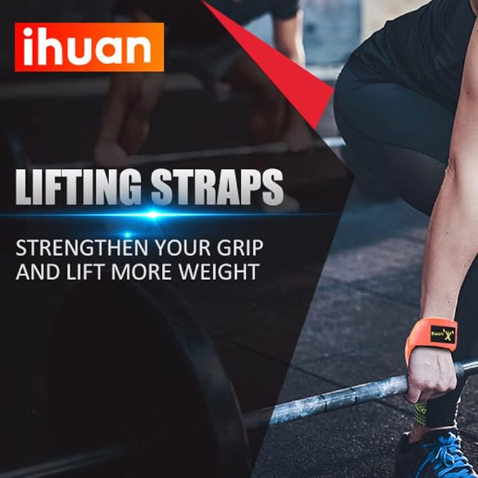 ihuan Wrist Straps for Weight Lifting - Lifting Straps for Weightlifting | Gym Wrist Wraps with Extra Hand Grips Support for Strength Training | Bodybuilding | Deadlifting