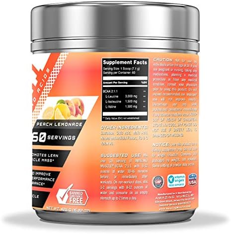 BCAA 2:1:1 Branched Chain Amino Acids Supplement | 6000 Mg Per Serving | -Peach Lemonade Flavor | 60 Servings