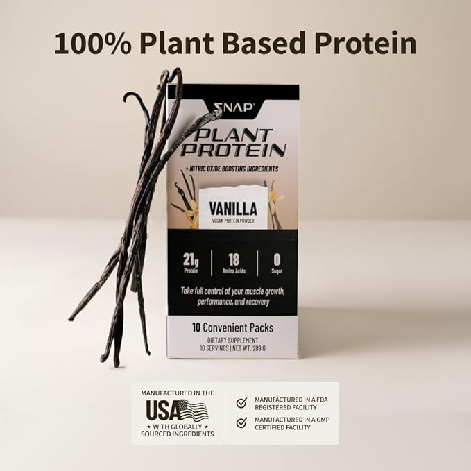 Snap Supplements 100% Plant Based Protein Powder Stick Packs with Nitric Oxide Booster (10 Pack, Vanilla)