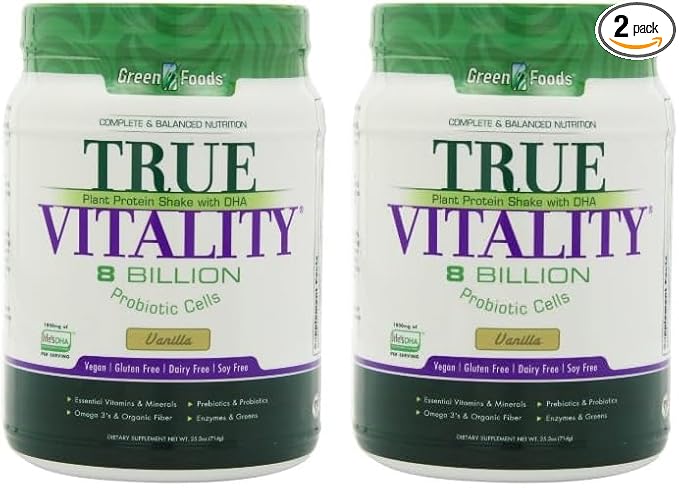 Green Foods True Vitality Plant Protein Shake, Vanilla, 25.2 Ounce (Pack of 2)