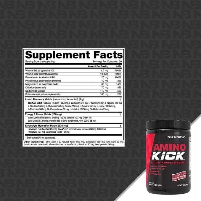 NutraBio Amino Kick - Amino Acid Energy Formula - BCAA's, Electrolytes for Hydration, Natural Caffeine- 30 Servings(Hibiscus Strawberry Buzz)