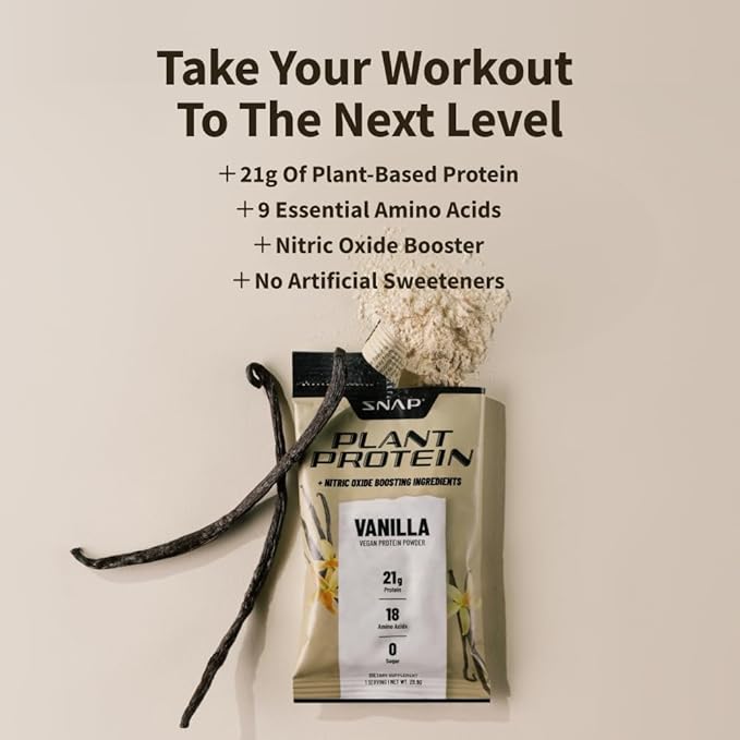 Snap Supplements 100% Plant Based Protein Powder Stick Packs with Nitric Oxide Booster (10 Pack, Vanilla)
