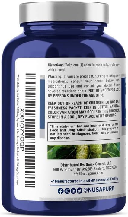 NusaPure White Mulberry Leaf Extract 5,000mg 180 Veggie Caps (Vegetarian, Bioperine)
