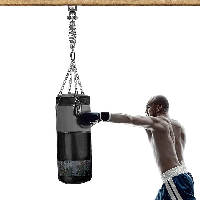 BeneLabel Heavy Duty Boxing Punching Bag Hanger Chain with Spring, 350 LB Capacity, 360° Rotation Wood Beam Holder with 4 Chains and 4 Carabiners, 2 Hexagon Wood Screws and 2 Expansion Screws.
