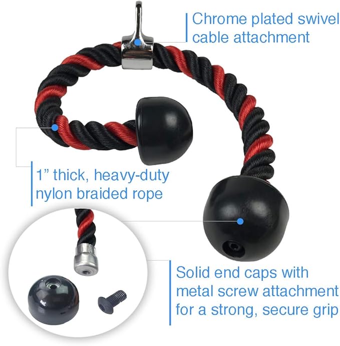 Red Tricep Rope Pull Down & Poster Set | 27 or 36 Inch Heavy Duty Nylon Rope, Chrome Cable Attachment | Professional or Home Gyms | Includes Workout Poster, Snap Hook, Bag