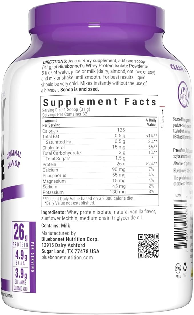 Bluebonnet Nutrition Whey Protein Isolate Powder, Whey from Grass Fed Cows, 26 Grams of Protein, No Sugar Added, Gluten Free, Soy Free, Kosher Dairy, 2.2 lbs, 32 Servings, Original Unflavored