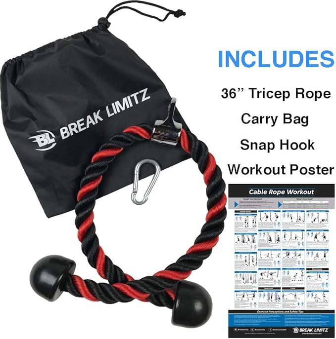 Red Tricep Rope Pull Down & Poster Set | 27 or 36 Inch Heavy Duty Nylon Rope, Chrome Cable Attachment | Professional or Home Gyms | Includes Workout Poster, Snap Hook, Bag