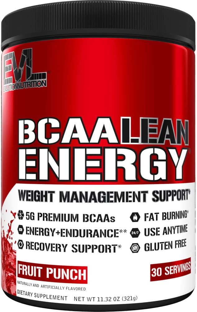EVL BCAA Lean Energy Powder - Pre Workout Green Tea Fat Burner Support with BCAAs Amino Acids and Clean Energizers - BCAA Powder Post Workout Recovery Drink for Lean Muscle Recovery - Fruit Punch