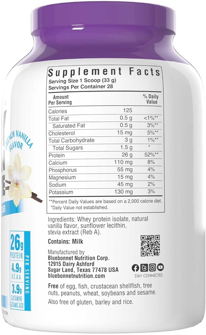 BlueBonnet Nutrition Whey Protein Isolate Powder From Grass Fed Cows, 26g of Protein, No Sugar Added, Gluten & Soy free, kosher Dairy, 2 Lbs, 28 Servings, French Vanilla Flavor