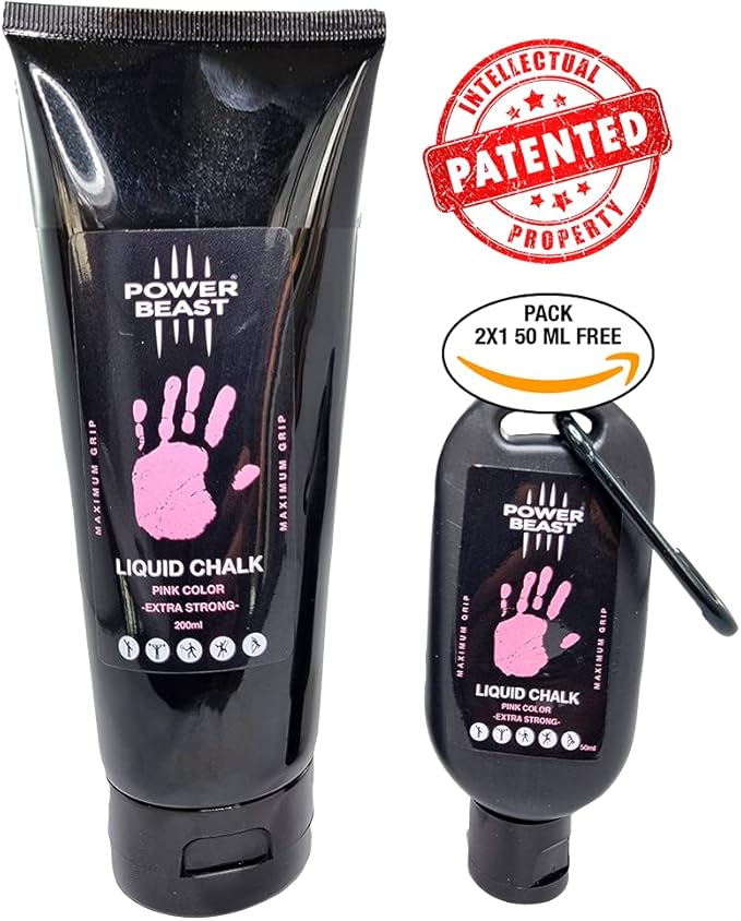 POWER BEAST Colored Liquid Chalk, 2 Bottles Combo of 200 + 50 ML, Liquid Sports Chalk, Free Professional Hand Grip for Gym, Weightlifting, Rock Climbing, Crossfit, Powerlifting, Pole Dance.
