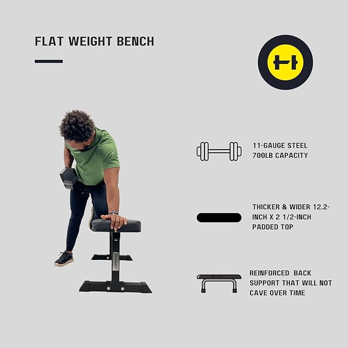 HulkFit Heavy-Duty Flat Workout Weight Bench & Adjustable