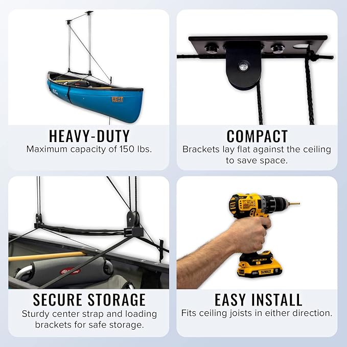 StoreYourBoard Kayak and Canoe Ceiling Pulley System, Garage Mount Storage Hoist, Heavy Duty Holds 150 lbs, Indoor Organizer