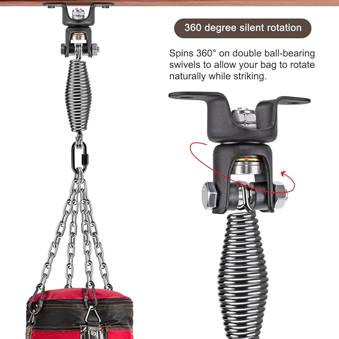 BeneLabel Heavy Duty Boxing Punching Bag Hanger Chain with Spring, 350 LB Capacity, 360° Rotation Wood Beam Holder with 4 Chains and 4 Carabiners, 2 Hexagon Wood Screws and 2 Expansion Screws.