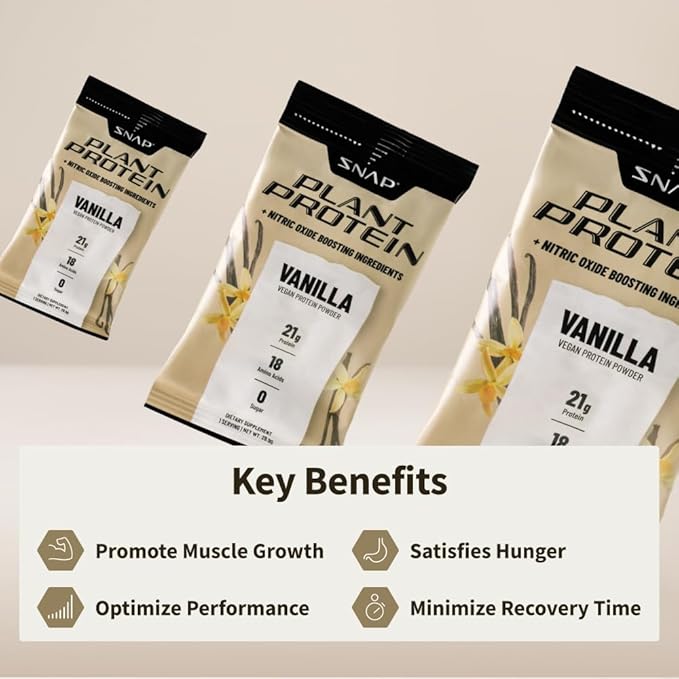 Snap Supplements 100% Plant Based Protein Powder Stick Packs with Nitric Oxide Booster (10 Pack, Vanilla)