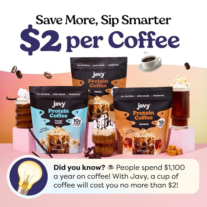 Javy French Vanilla Protein Coffee - Premium Whey Protein & Instant Iced Coffee - 100% Arabica Coffee - Zero Artificial Flavors & Sweeteners, 20 Servings