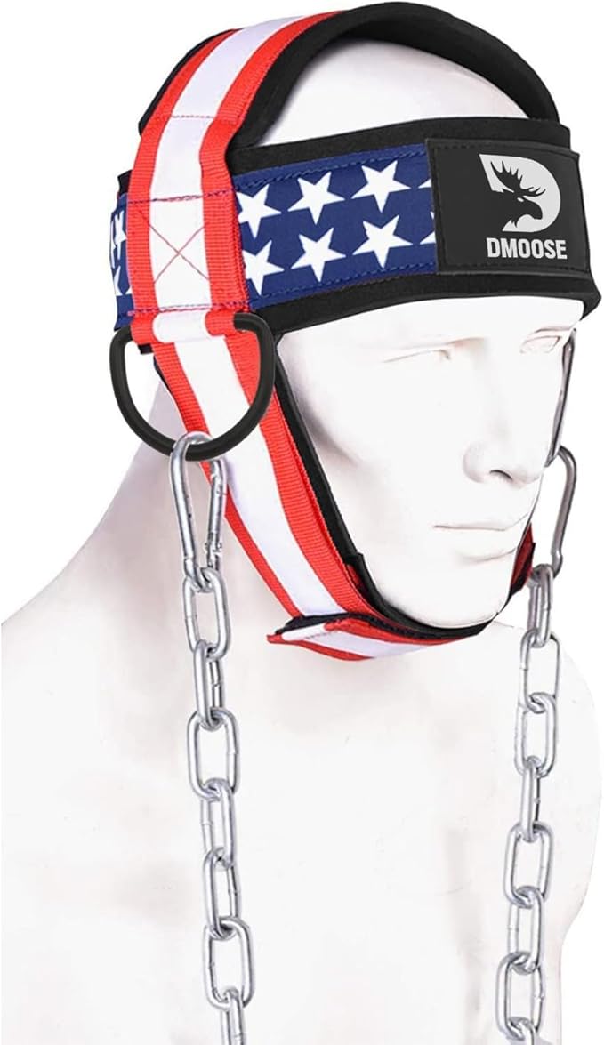 DMoose Neck Harness for Weight Lifting - 30" Heavy Duty Steel Chain - Neck Exerciser, Trainer & Strengthener for Injury Recovery Support & Workout- Adjustable Head & Chin Strap