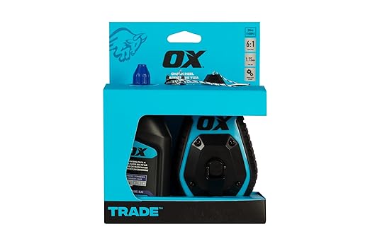 OX Pro 100ft Chalk Line ABS Plastic with Rubber Grip with Chalk Powder 4oz - 6:1 Gear Ratio with Cotton Nylon Standard Bold Line Pointed Tip Chalk Line Tool OX-T630602