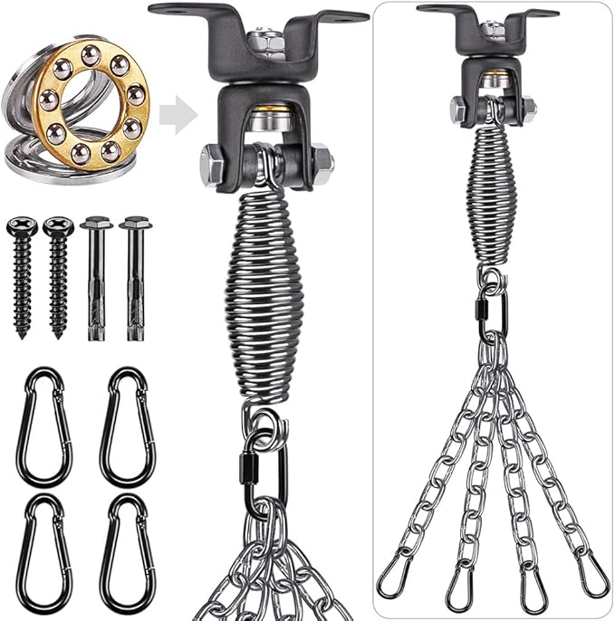 BeneLabel Heavy Duty Boxing Punching Bag Hanger Chain with Spring, 350 LB Capacity, 360° Rotation Wood Beam Holder with 4 Chains and 4 Carabiners, 2 Hexagon Wood Screws and 2 Expansion Screws.