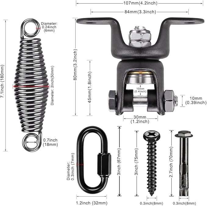 BeneLabel Heavy Duty Boxing Punching Bag Hanger with Spring, 360° Rotation Wood Beam Holder, 1 Carabiner, 1 Comfort Spring, 2 Hexagon Wood Screws and 2 Expansion Screws.