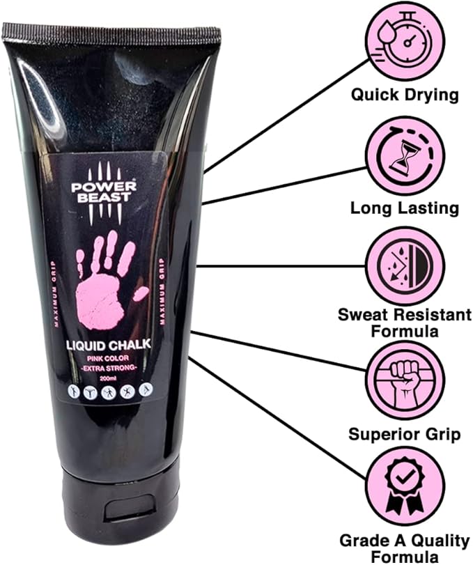 POWER BEAST Colored Liquid Chalk, 2 Bottles Combo of 200 + 50 ML, Liquid Sports Chalk, Free Professional Hand Grip for Gym, Weightlifting, Rock Climbing, Crossfit, Powerlifting, Pole Dance.