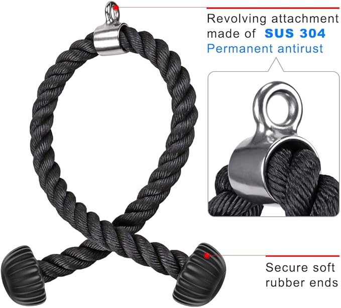 SELEWARE Tricep Rope W/Rubber Ends Cable Machine Attachments for Gym, 28”/36” Universal Triceps Pull Down Rope for Pulley System Home Gym Workout Fitness