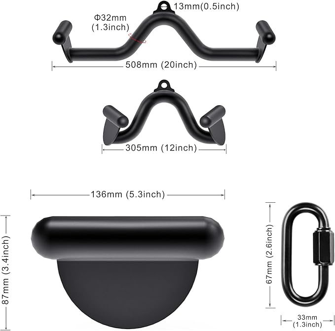Kipika LAT Pull Down Bars Cable Machine Attachment, Rowing T-bar V-bar Set, Back Strength Training Handle Grips for Cable Machine Rowing Machine, 12" 20" 24" 28" 32" Five Sizes