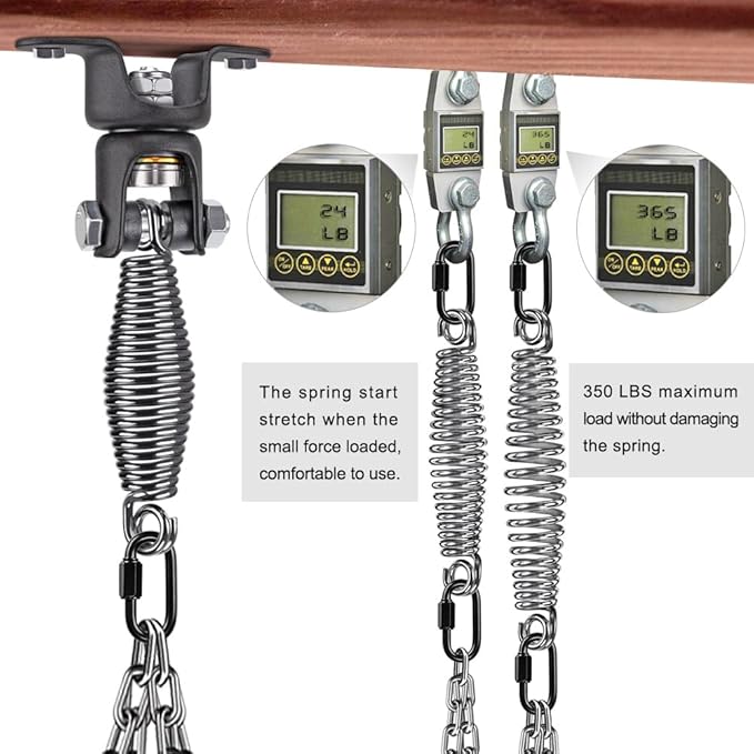 BeneLabel Heavy Duty Boxing Punching Bag Hanger Chain with Spring, 350 LB Capacity, 360° Rotation Wood Beam Holder with 4 Chains and 4 Carabiners, 2 Hexagon Wood Screws and 2 Expansion Screws.