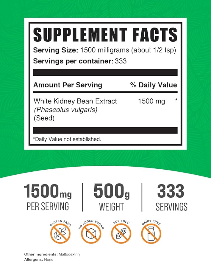 BulkSupplements.com White Kidney Bean Extract Powder - White Kidney Bean Powder, Herbal Supplement - Gluten Free, 1500mg per Serving, 500g (1.1 lbs) (Pack of 1)