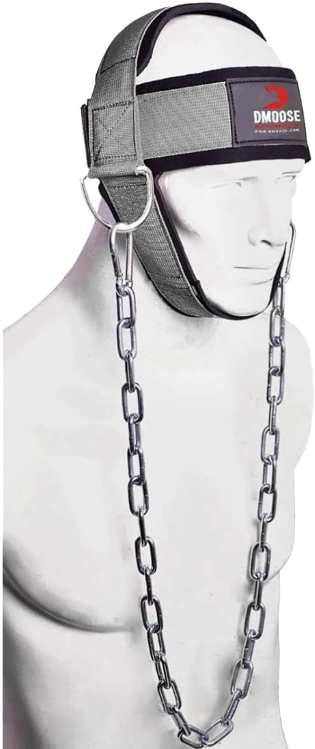 DMoose Neck Harness for Weight Lifting - 30" Heavy Duty Steel Chain - Neck Exerciser, Trainer & Strengthener for Injury Recovery Support & Workout- Adjustable Head & Chin Strap