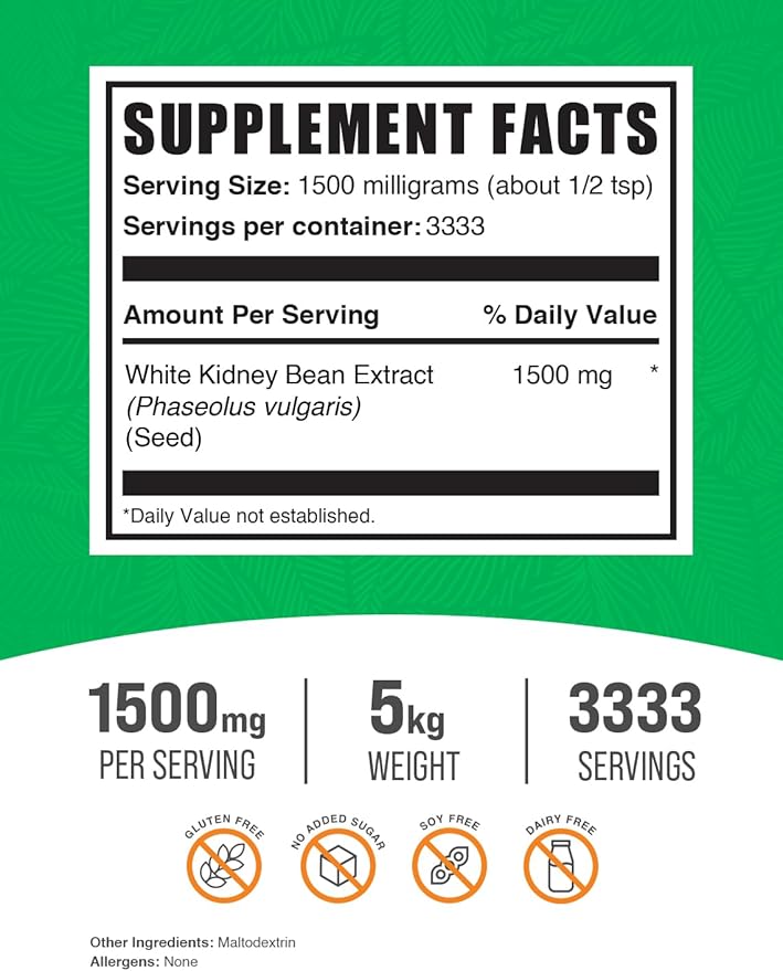 BulkSupplements.com White Kidney Bean Extract - Powdered Extract for Digestive Support, Protein Source - Gluten Free - 1500mg per Serving, Pack of 5 (5 Kilograms - 11 lbs)
