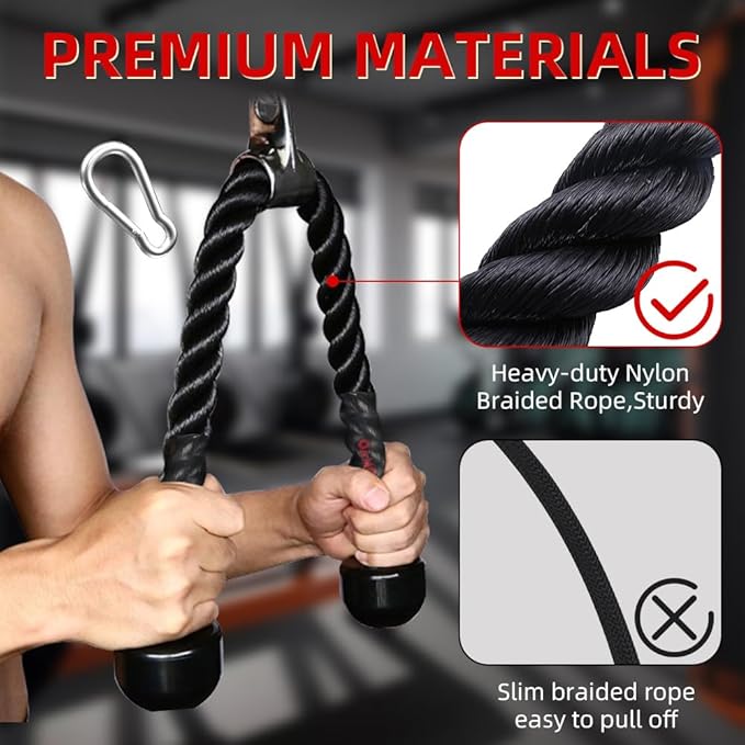 Tricep Rope with Upgraded Rubber Handles,35 Inch Tricep Pull Down Rope for Cable Machine, Greater Range of Motion, Triceps Rope Cable Attachment for Gym, Home, Easy to Grip, Non-Slip