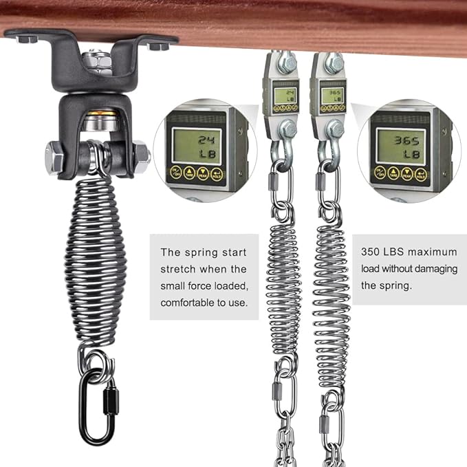 BeneLabel Heavy Duty Boxing Punching Bag Hanger with Spring, 360° Rotation Wood Beam Holder, 1 Carabiner, 1 Comfort Spring, 2 Hexagon Wood Screws and 2 Expansion Screws.