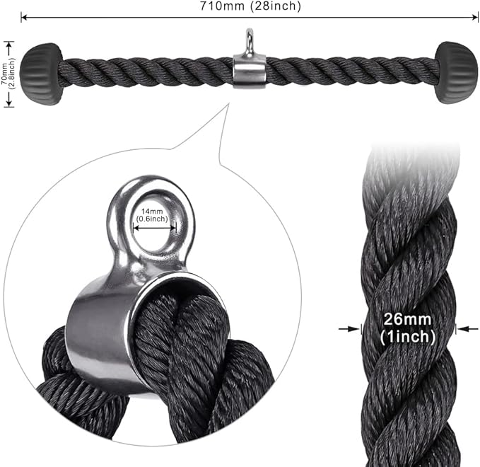 SELEWARE Tricep Rope W/Rubber Ends Cable Machine Attachments for Gym, 28”/36” Universal Triceps Pull Down Rope for Pulley System Home Gym Workout Fitness