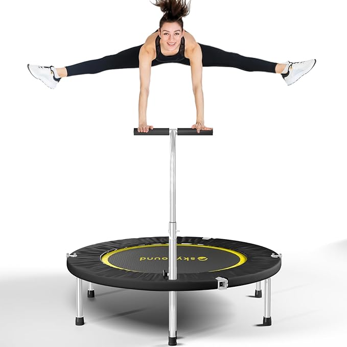 SkyBound Boogie Bounce Elite Foldable Mini Trampoline Fitness Rebounder with Adjustable T-Bar Handle - Exercise Trampoline for Adult - Fitness Trampoline for Workout Trainer