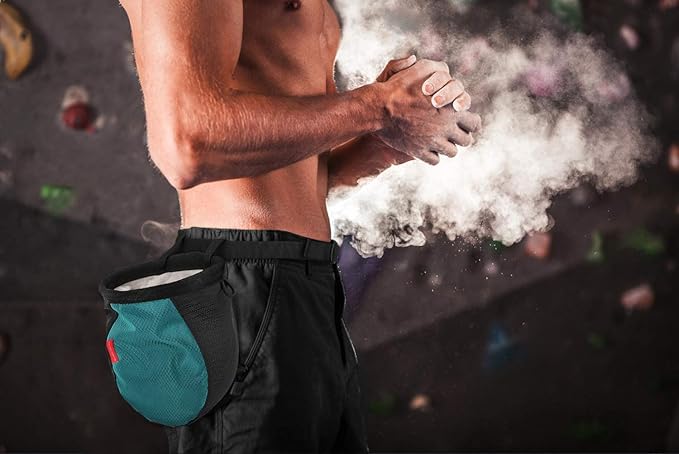 Rhino Valley Climbing Chalk Bag, No Leak Drawstring Chalk Bag with Adjustable Belt, Carabiner Clip and Zippered Pockets Chalk Bag for Climbing, Cross Fit, Weight Lifting & More - Black & Light Blue