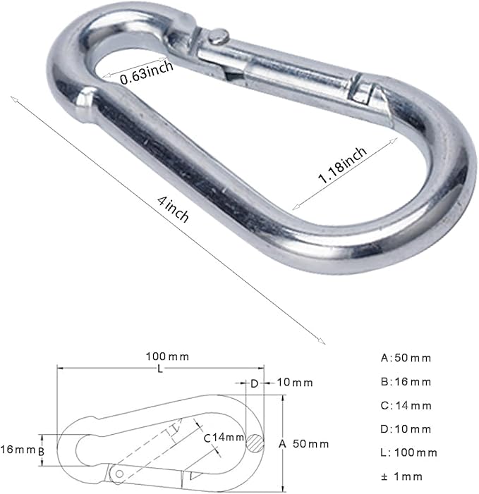 Carabiner Clip 4 Inch Spring Snap Hook Heavy Duty 2pcs 10x100mm for Hammock Punching Bags Swing Chairs Gym Equipment Camping Hiking