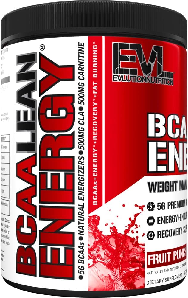 EVL BCAA Lean Energy Powder - Pre Workout Green Tea Fat Burner Support with BCAAs Amino Acids and Clean Energizers - BCAA Powder Post Workout Recovery Drink for Lean Muscle Recovery - Fruit Punch