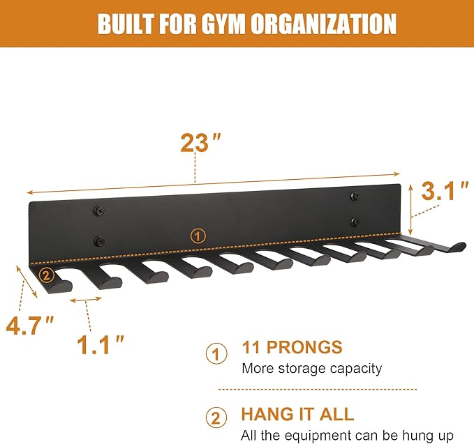 Multi-Purpose Storage Rack Resistance Bands Rack Gym Storage Rack Fitness Bands Rack Heavy Duty Rack 11 Hooks for Resistance Bands, Straps, Jump Ropes, Foam Rollers, Weight Belts, Tools (L-23")