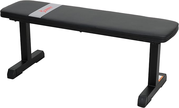 Sunny Health & Fitness Flat Weight Bench Optional Dumbbell Rack for Strength Training, Full Body Workout, Exercise, Home Gym