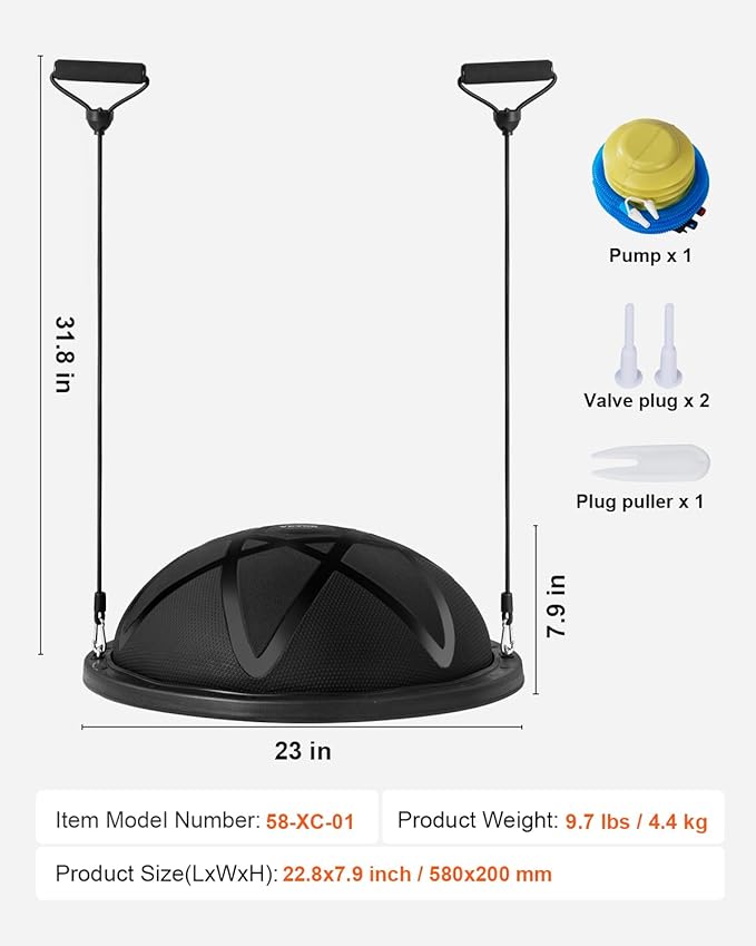 VEVOR Half Exercise Ball Trainer, 23/26 inch Balance Ball Trainer, 1500lbs Capacity Stability Ball, Yoga Ball with Resistance Bands & Foot Pump, Strength Fitness Ball for Home Gym Full Body Workout Black