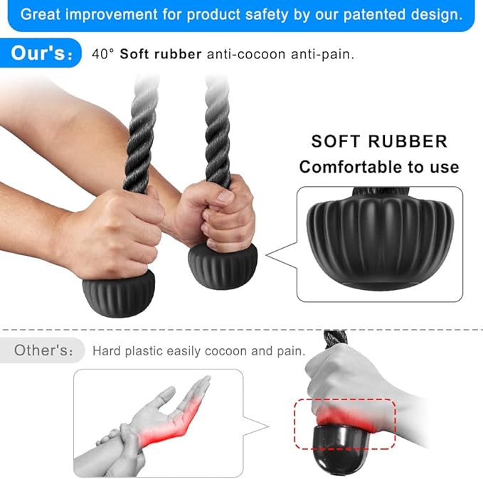 SELEWARE Tricep Rope W/Rubber Ends Cable Machine Attachments for Gym, 28”/36” Universal Triceps Pull Down Rope for Pulley System Home Gym Workout Fitness