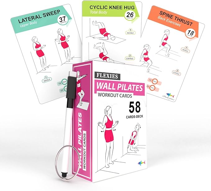 Wall Pilates Workouts For Women - 58 Exercise Cards with Wall Pilates Workout Postures, Instructions & Breathing Tips | Free Ring & Dry-Erase Marker to Create a Customize pilates at home Exercise Chart