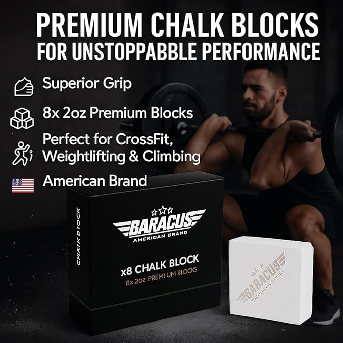 BARACUS Gym Chalk Blocks - 8 Pack of 2 oz Blocks with Engraved Logo for Fast Application, Ideal for Rock Climbing Chalk, Gymnastics, Lifting, Pole Dance, Weightlifting for Enhanced Grip, ASMR