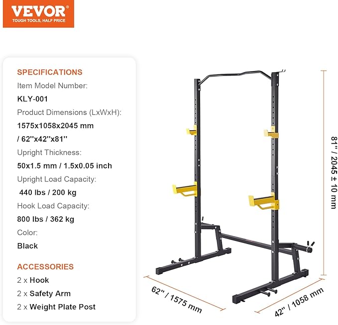 VEVOR Squat Stand - Multi-Functional Power Rack with Pull Up Bar, Hook, and Weight Plate Storage Attachment, Adjustable Power Rack Cage for Home Gym Equipment