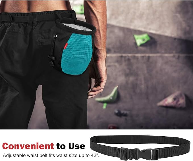 Rhino Valley Climbing Chalk Bag, No Leak Drawstring Chalk Bag with Adjustable Belt, Carabiner Clip and Zippered Pockets Chalk Bag for Climbing, Cross Fit, Weight Lifting & More - Black & Light Blue