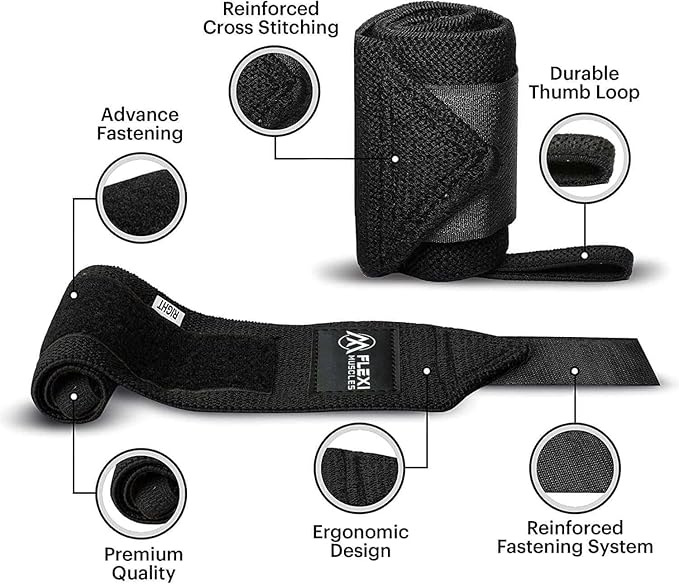 Wrist Wraps for Weightlifting (1 Pair) Heavy-Duty Wrist Straps with Thumb Loops - Adjustable Wrist Support for Powerlifting, Strength Training, Bodybuilding, and Gym Workouts
