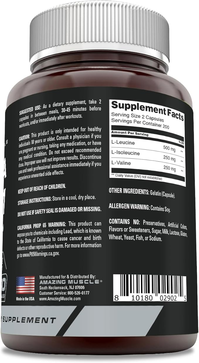 Amazing Muscle BCAA 2:1:1 1000 Mg | Pre-Workout Supplement | 400 Capsules | Non-GMO | Gluten-Free | Made in USA