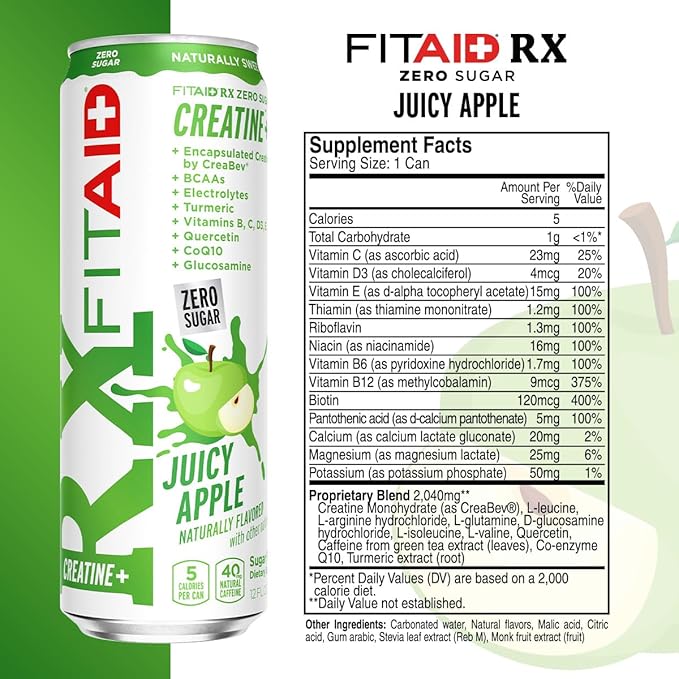 FITAID RX Zero Sugar, Encapsulated Creatine, Workout Recovery Drink, All-In-One Blend, BCAAs Glucosamine, Turmeric, B-Complex, Electrolytes, Juicy Apple, 12 Fl Oz (Pack of 24)